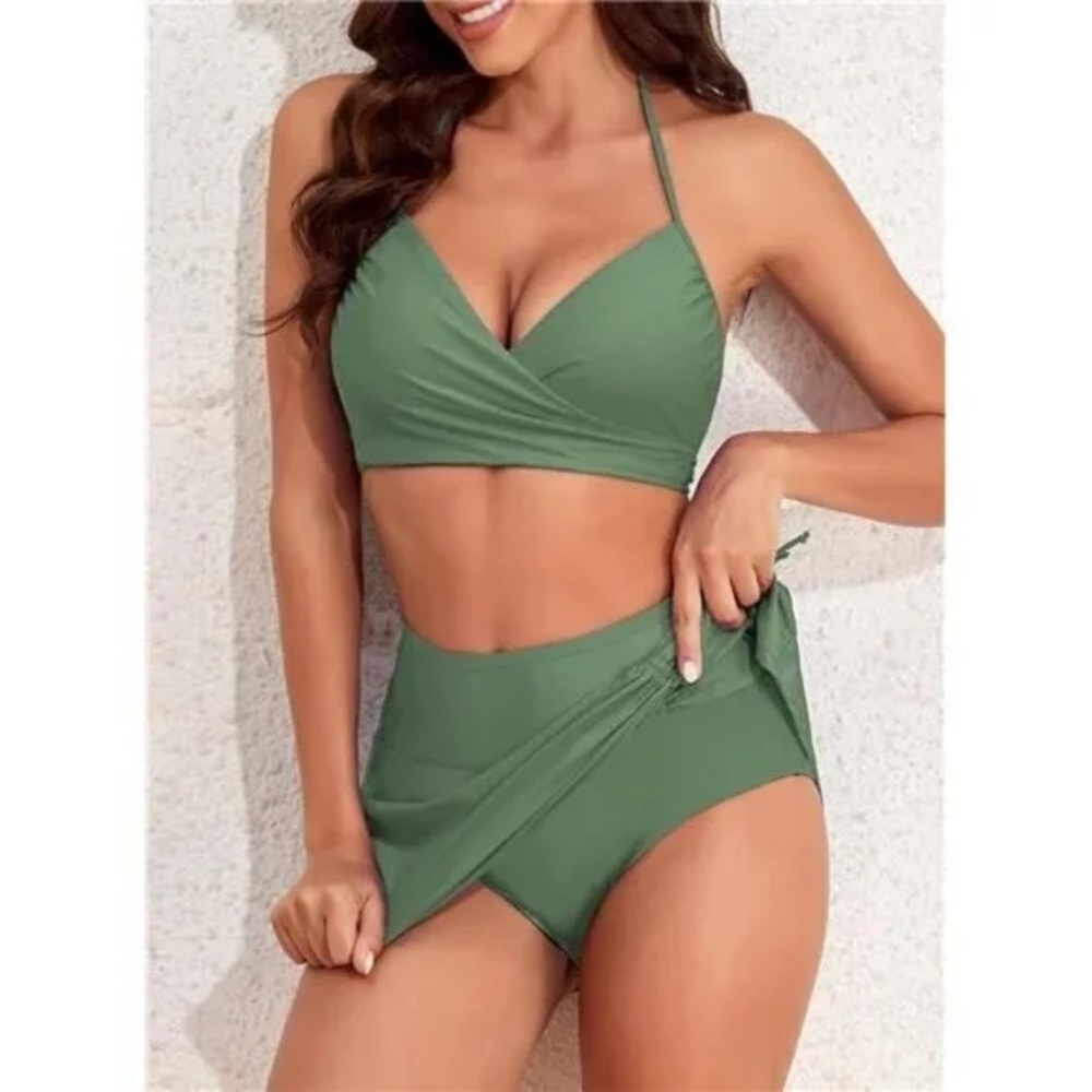 High-Waist Olive Green Wrap Bikini Set - Women Swim Bikinis